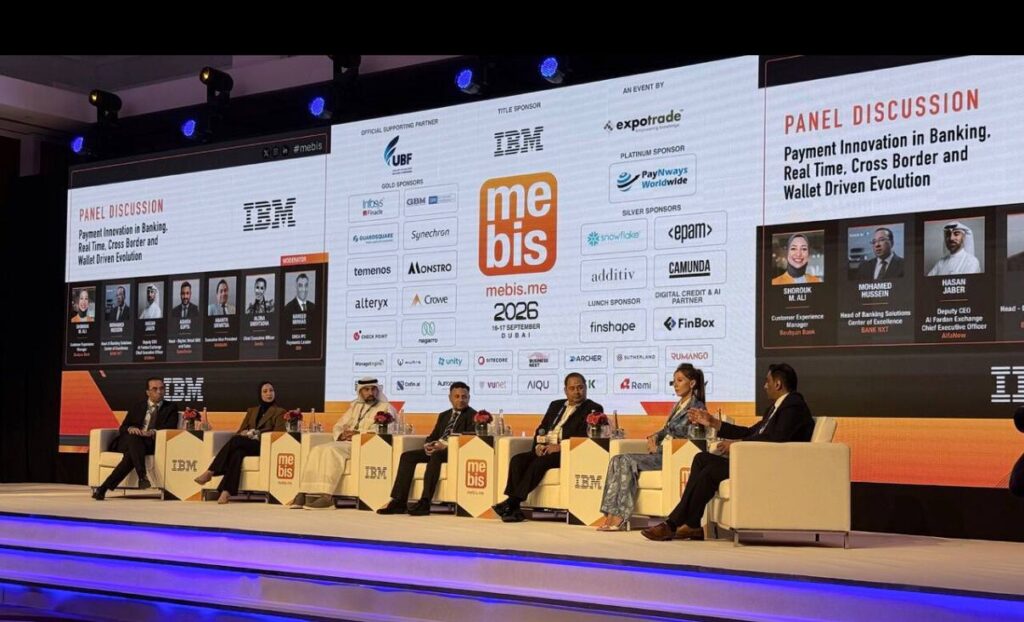 MEBIS 2026 payments innovation panel on stage in Dubai: Payments innovation under discussion at Dubai's MEBIS 2026, where Sends chief Alona Shevtsova joined the panel