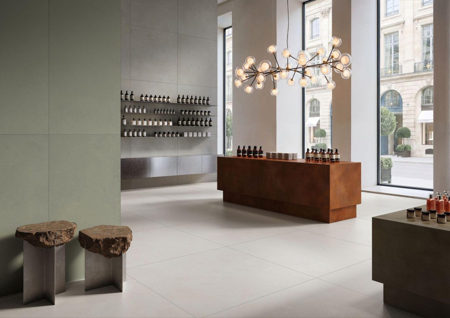 VitrA Tiles showroom interior with large-format tiles: Reading the Language of Materials: VitrA Tiles Debuts "The Code" and New Design Codes at Cersaie